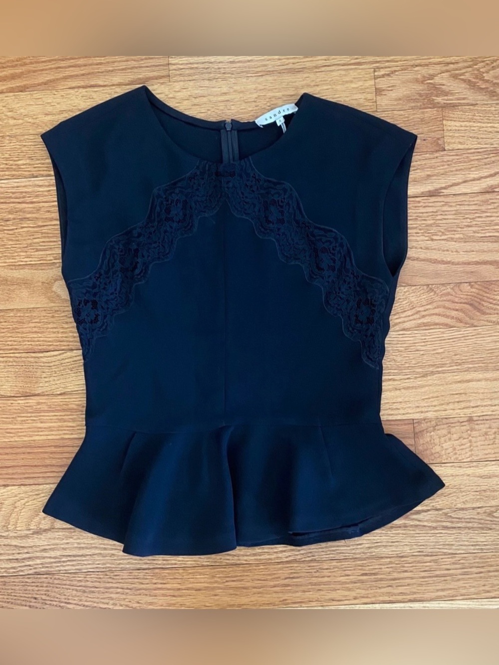 Sandro Peplum Top Women’s Size 2 Black Lace Detail Shirt Zip Closure-Back Blouse